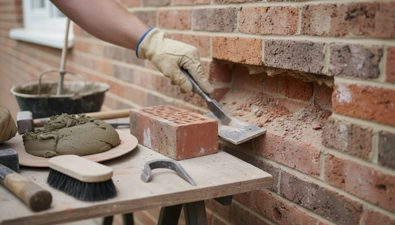 Nærbillede af hænder, der udskifter en ødelagt mursten med murske og sandbaseret mørtel.
