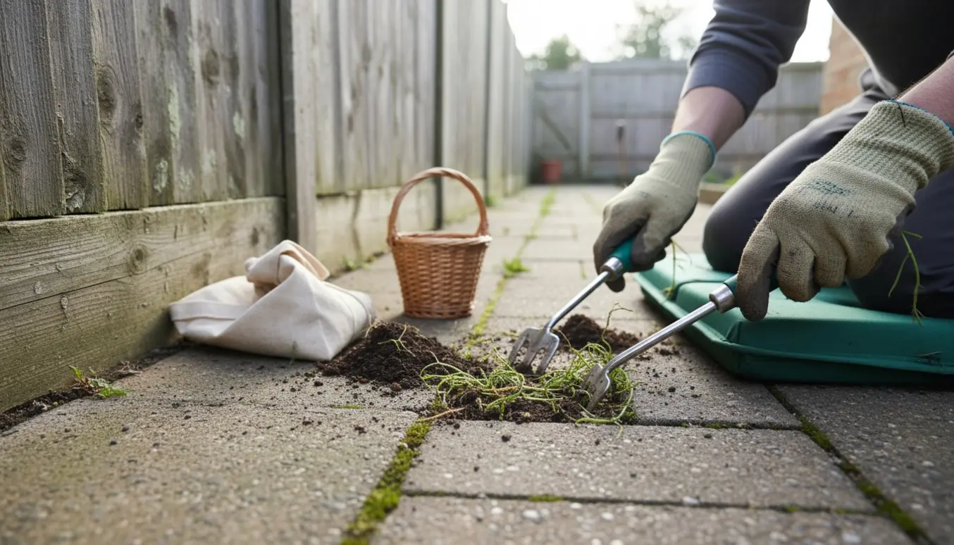 Nært foto af hænder, der luger ukrudt mellem fortovsfliser langs et hegn.