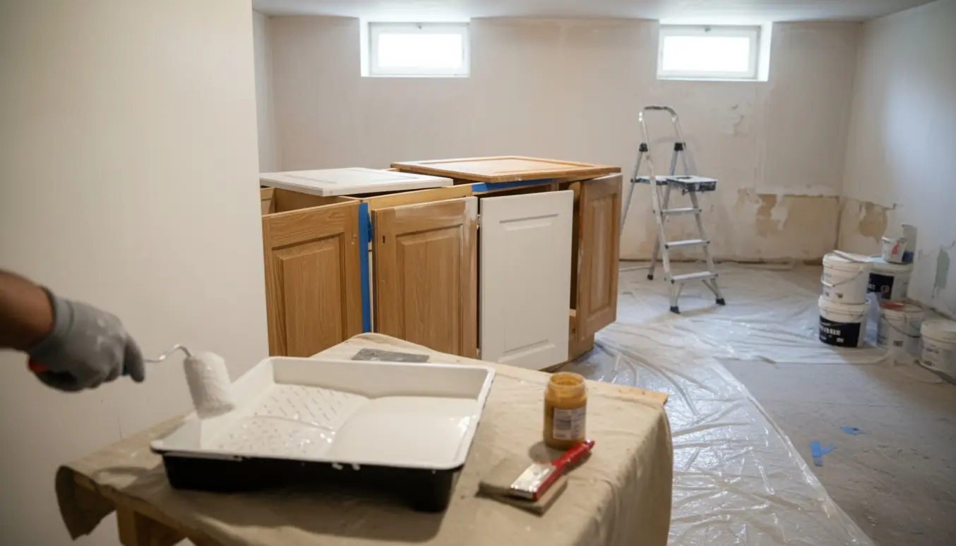 Kælderrum og et håndmalet trækøkken under genmaling med pensel, rulle og malerudstyr.