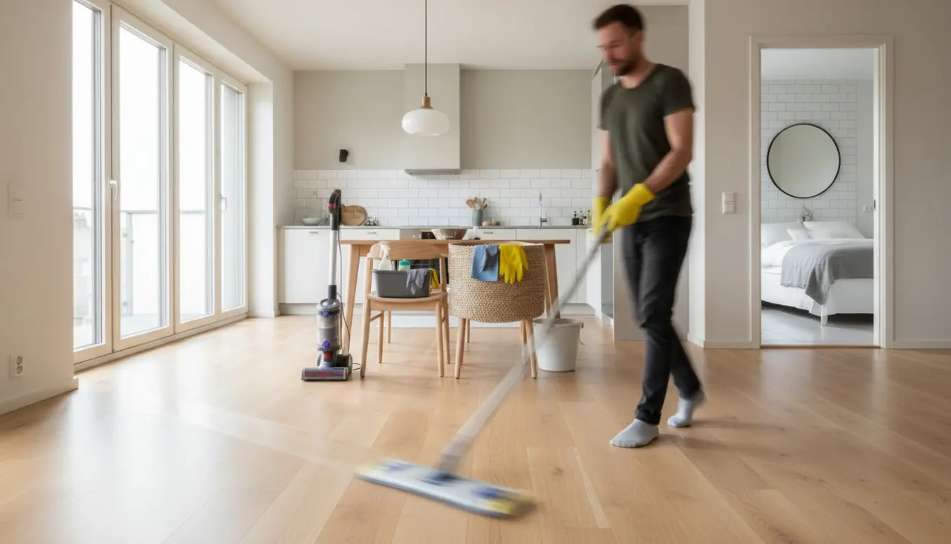 En rengøringsperson uden synligt ansigt mopper gulvet i en lys, ryddelig lejlighed med rengøringsmidler og støvsuger i baggrunden.