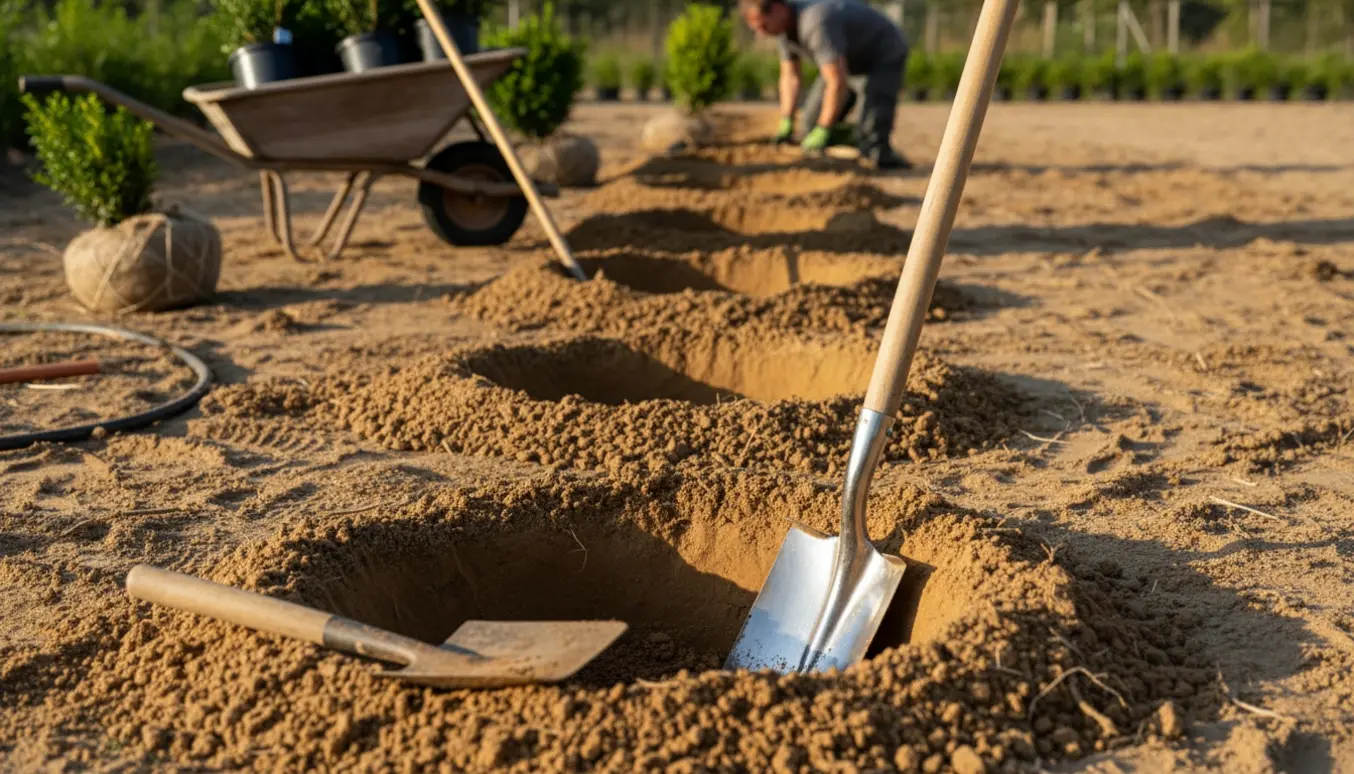 Gravede plantningshuller i sandholdig jord med spade, potteplanter og en trillebør klar til plantning.