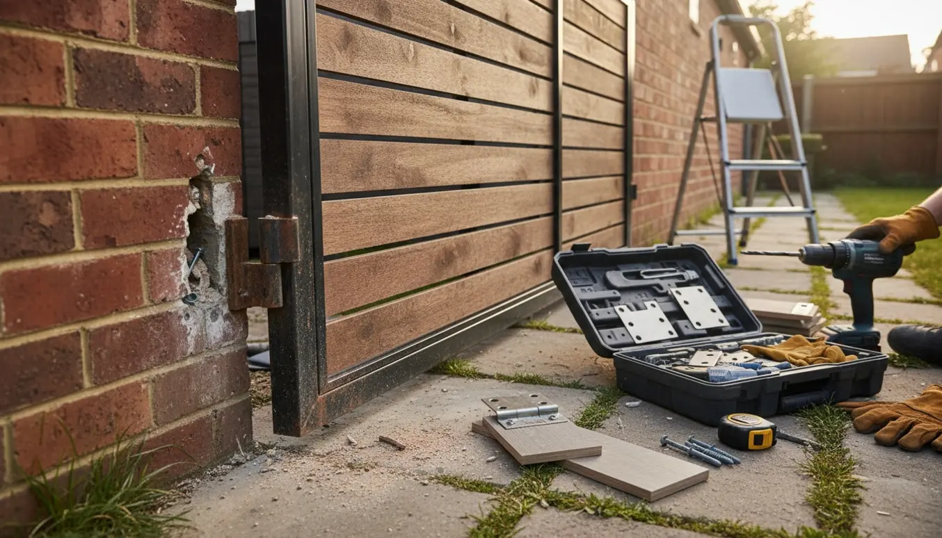 Tung jernramme-havelåge ligger på jorden foran en mur med det aftagne beslag, omgivet af værktøj og kompositbrædder.