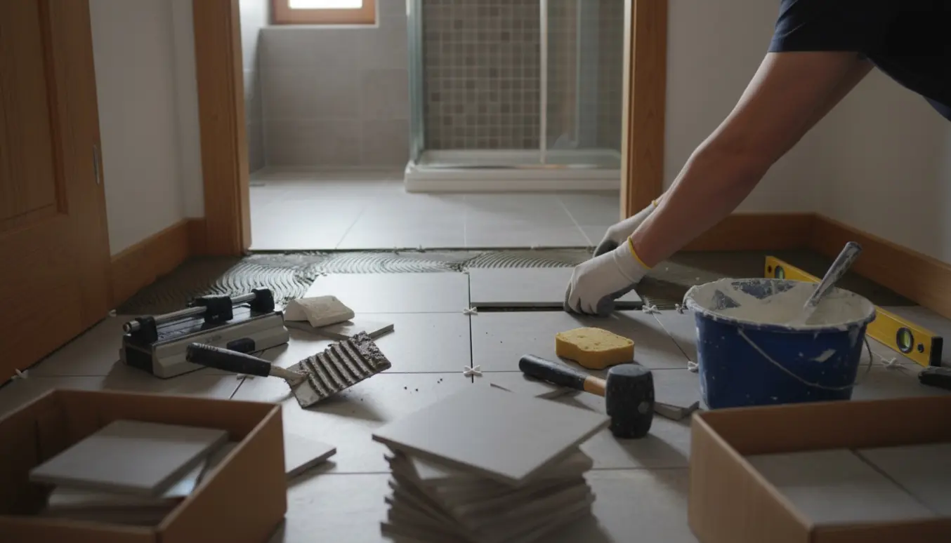 Nye 20x20 fliser lægges i en gang med værktøj og en allerede flisebelagt brusekabine i baggrunden.