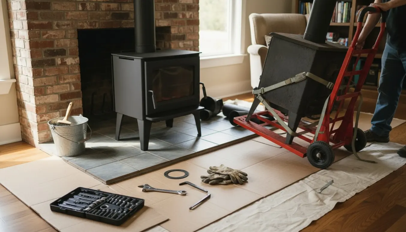 Ny brændeovn klar ved pejseåbningen, gamle ovn på sækkevogn og værktøj omkring.