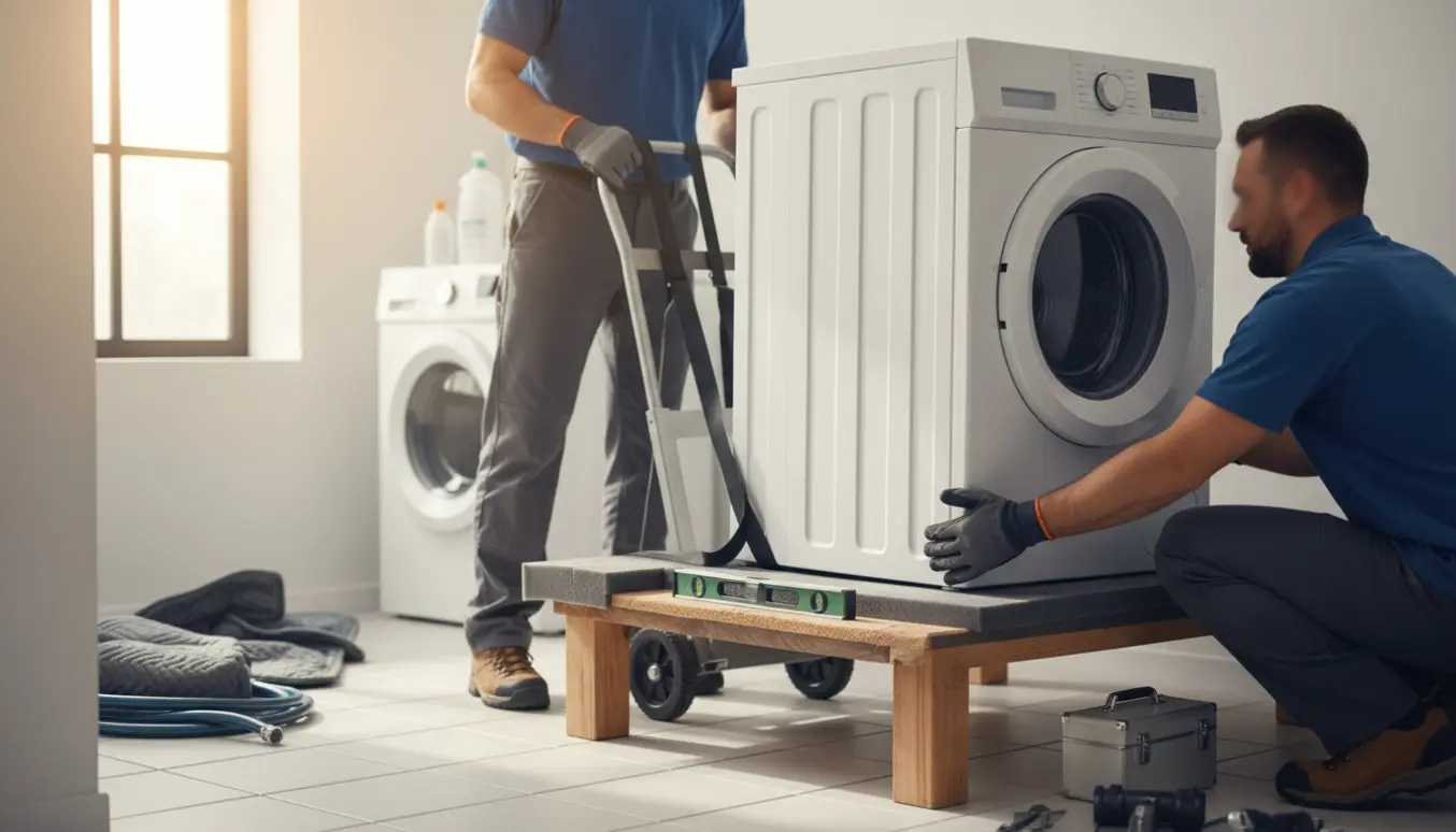 To personer løfter en tung hvid frontbetjent vaskemaskine op på en lav hylde i et lyst bryggers.