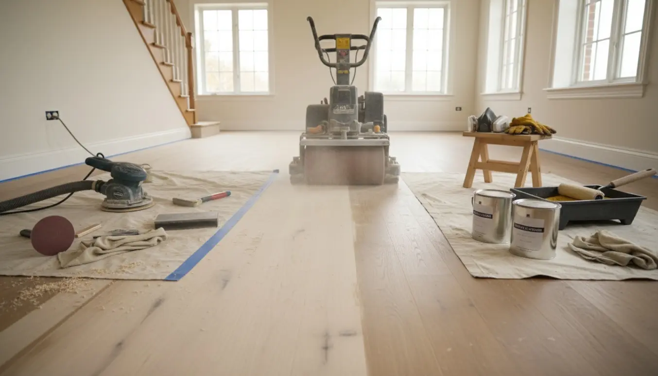 Gulvslibning i en stue med en gulvsliber i forgrunden og en trappe med delvist slebne trin.
