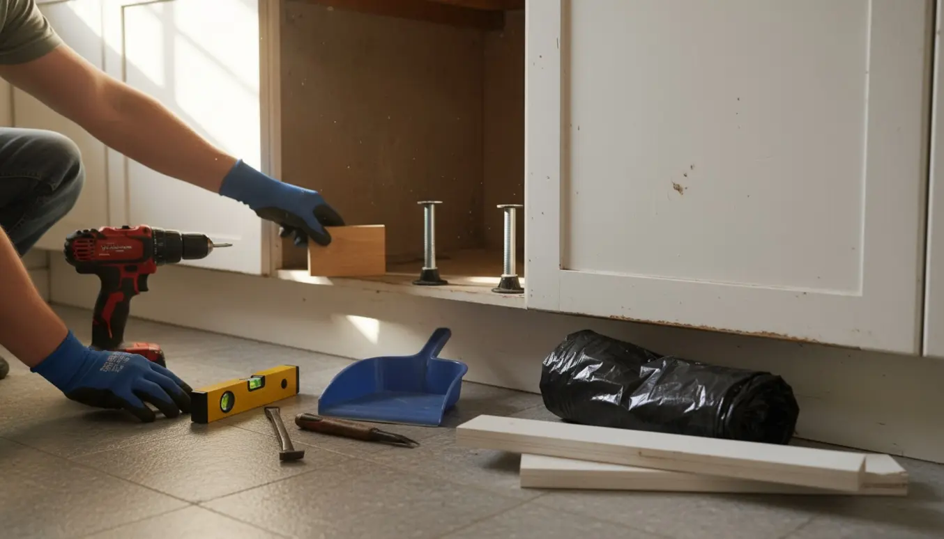 Fjernelse af sokkel under ældre køkkenskabe med klodser og værktøj klar til montering.