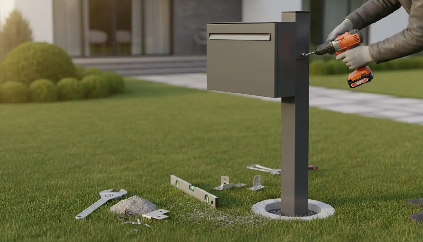 En moderne postkasse monteres på et metalstativ ved indkørslen, håndværkerhænder bruger en boremaskine.