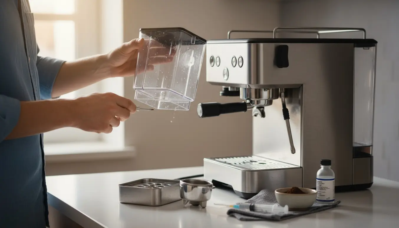 Nært foto af hænder, der åbner en espressomaskine og undersøger kalkaflejringer i vandbeholderen.