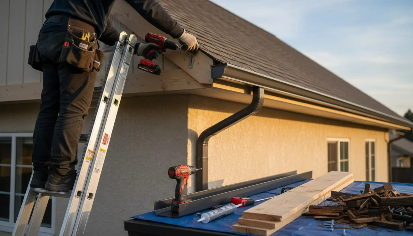 Nærbillede af håndværker, som monterer en tagrende og udskifter sternbrædder ved husets hjørne.