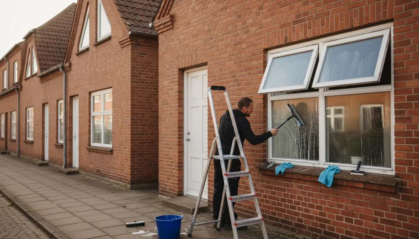 Udvendig vinduespudsning med stige, spand og squeegee foran rækkehuse og et to‑etagers hus.