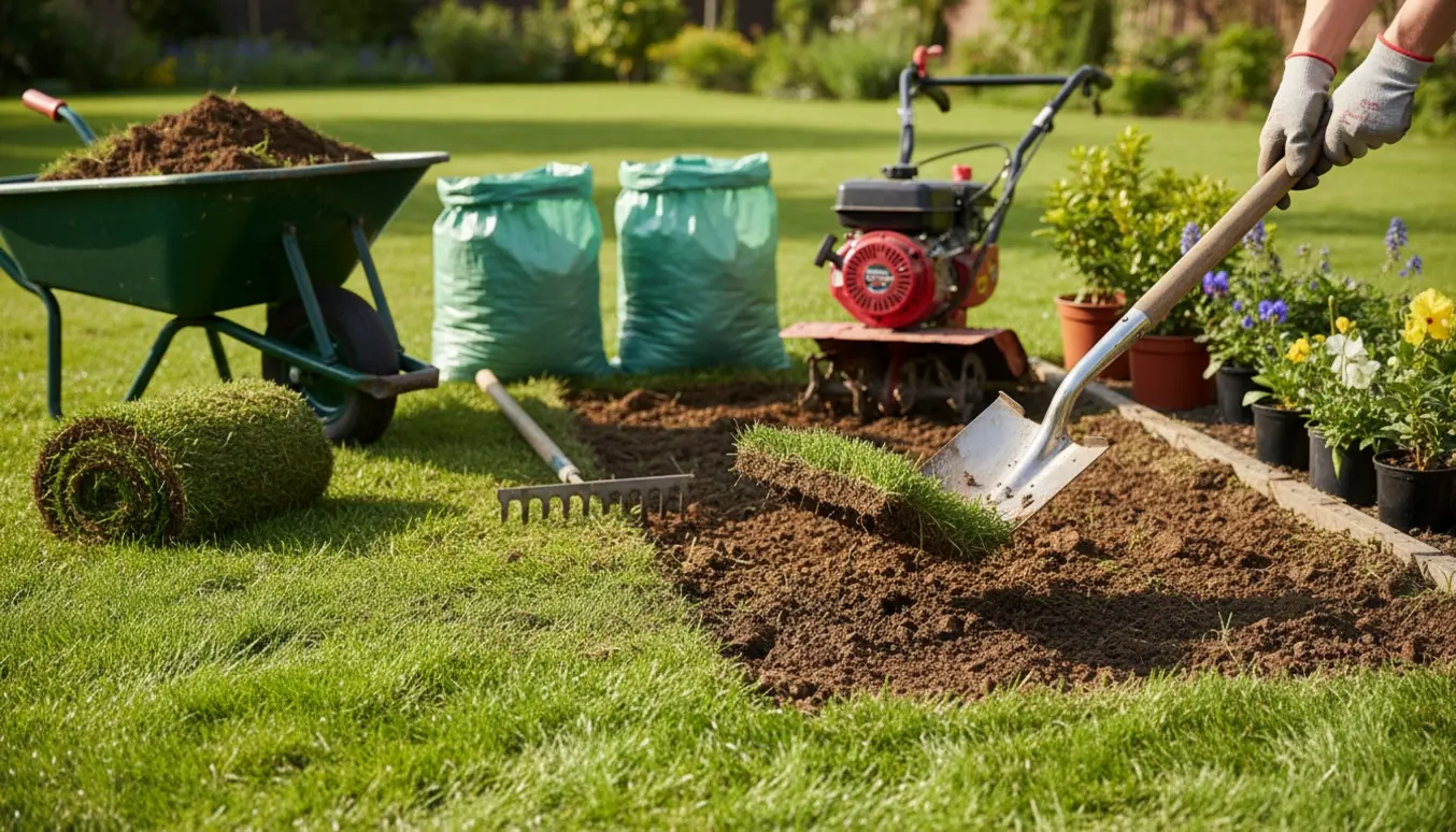 Nærbillede af havearbejde, hvor græs fjernes og jorden kultiveres klar til buske og blomster.