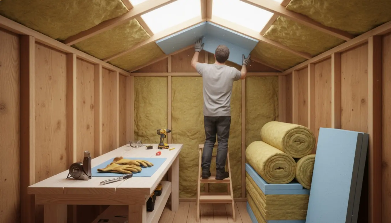 Hænder installerer isolering i et lille skur under bevaret loftlys fra gennemskinnelige tagplader.