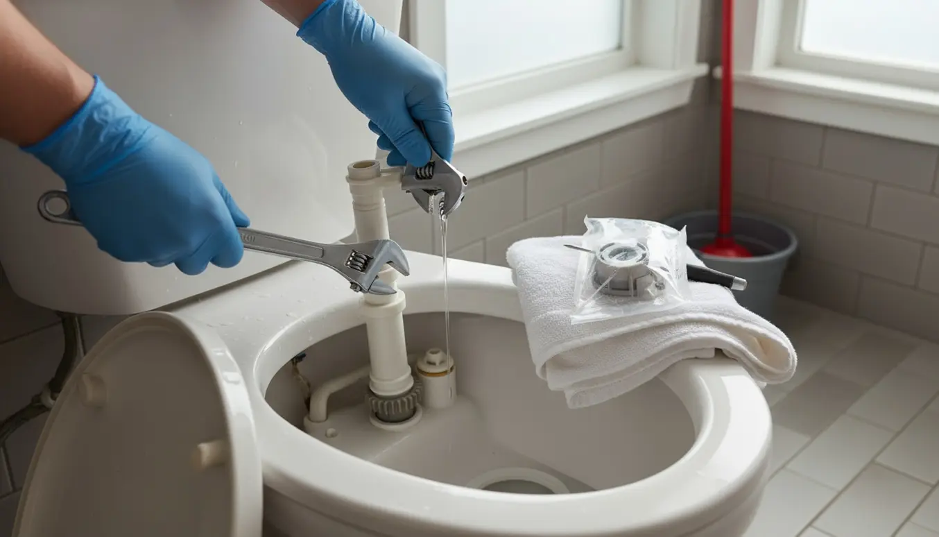 Åben toiletcisterne med hænder, der justerer fyldventilen for et toilet, der kun nogle gange tager vand ind.