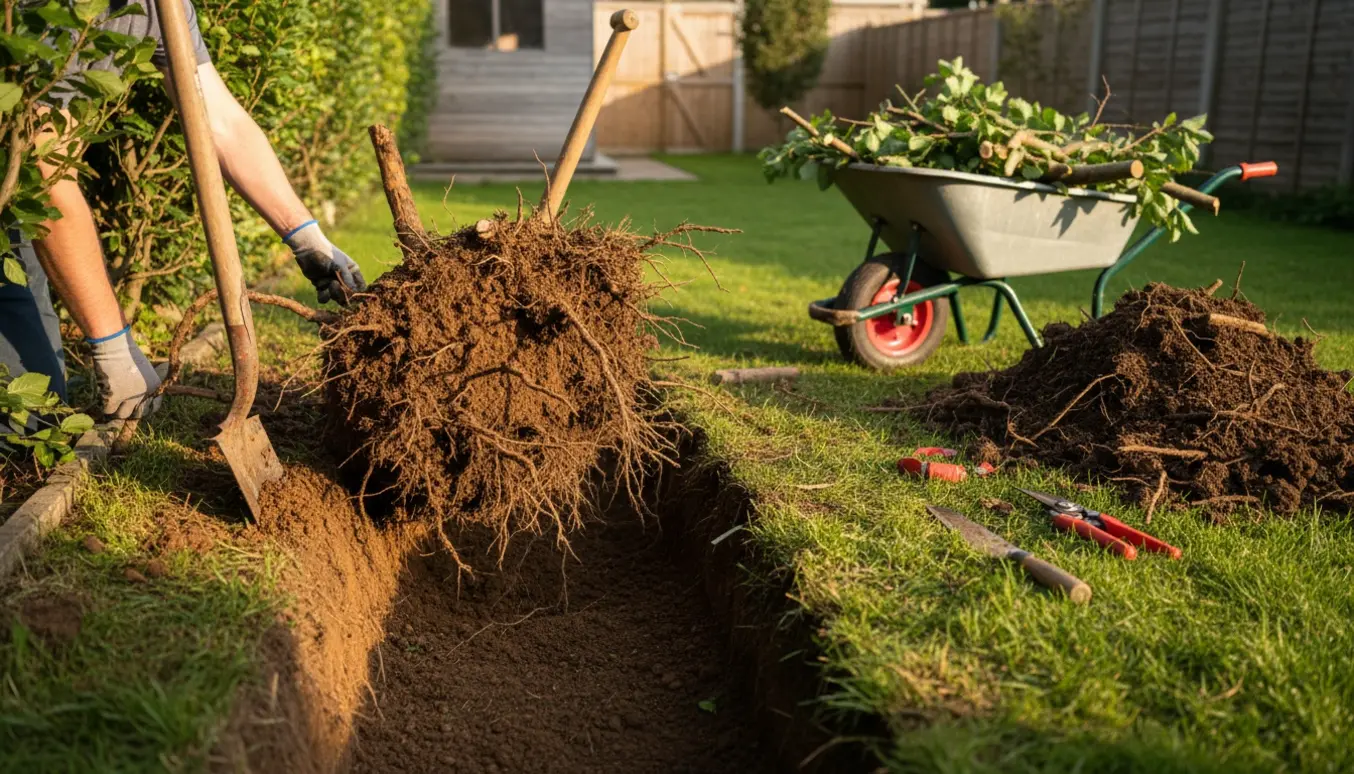 Opgravning af en 1,5 m høj, 2 m lang bøgehæk med eksponerede rødder, langskovl og trillebør i en baghave.