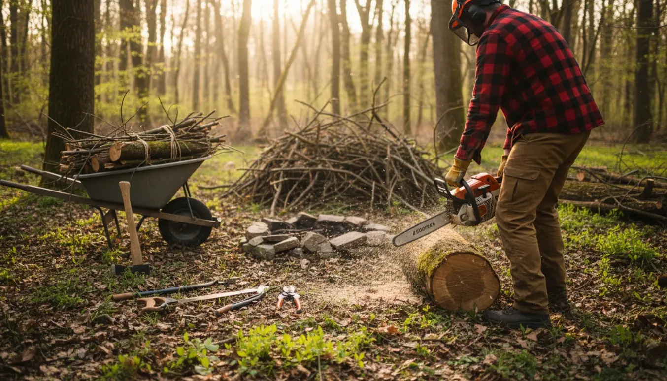 Naturområde ryddes efter vinter med savede trægrene og klippede brombærris samlet klar til bål.