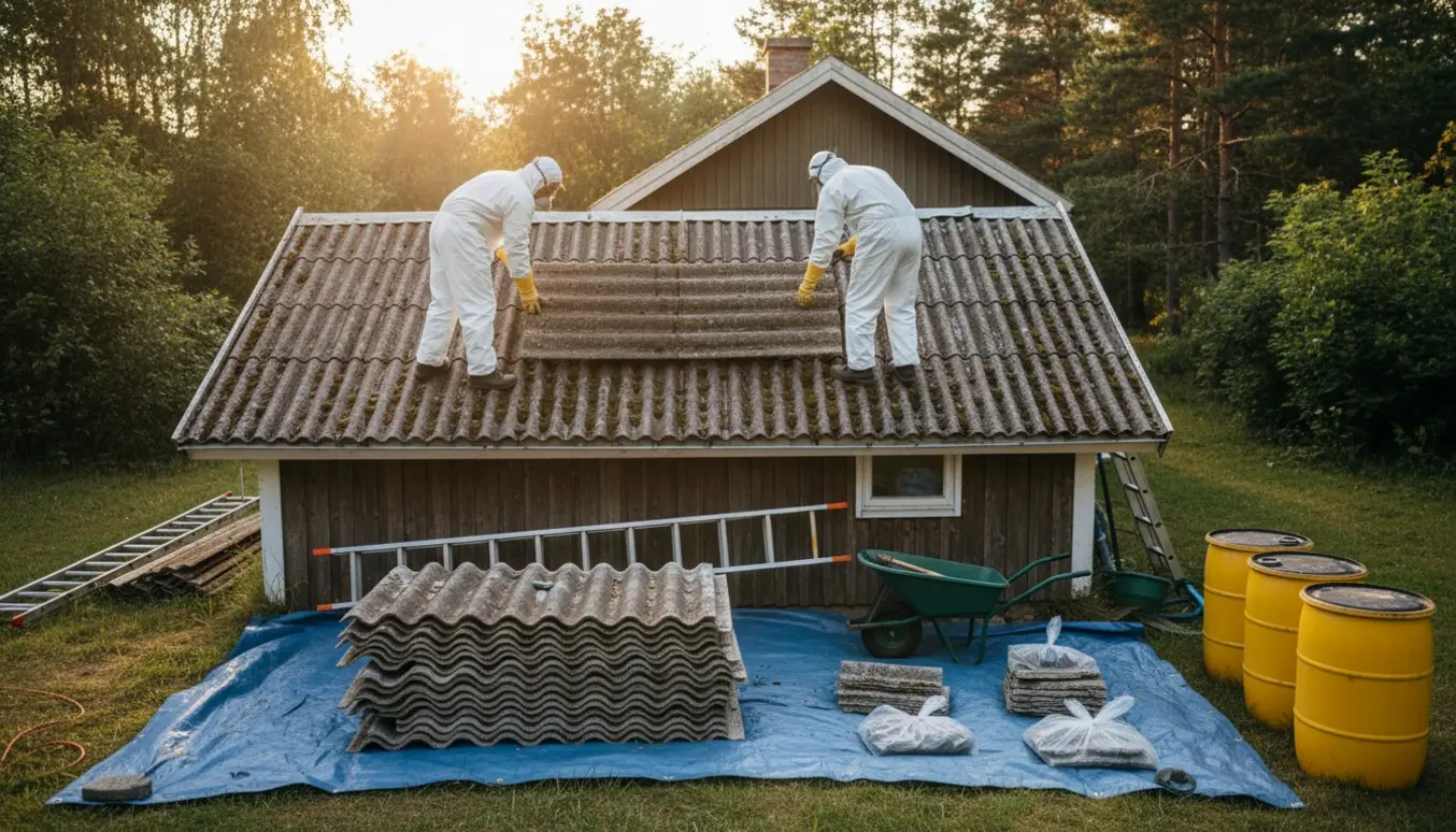 Arbejder i sikkerhedsudstyr fjerner og stabler eternitplader fra et lille sommerhustag, med skadede plader i klare plastposer.