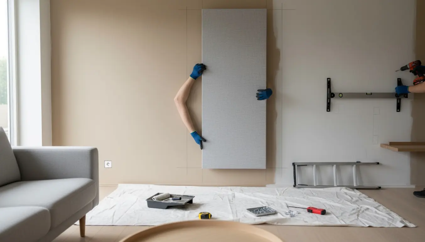 Stuevæg ved renovering med maling, akustikpanel der sættes op og et væghængt TV-bord under montering.