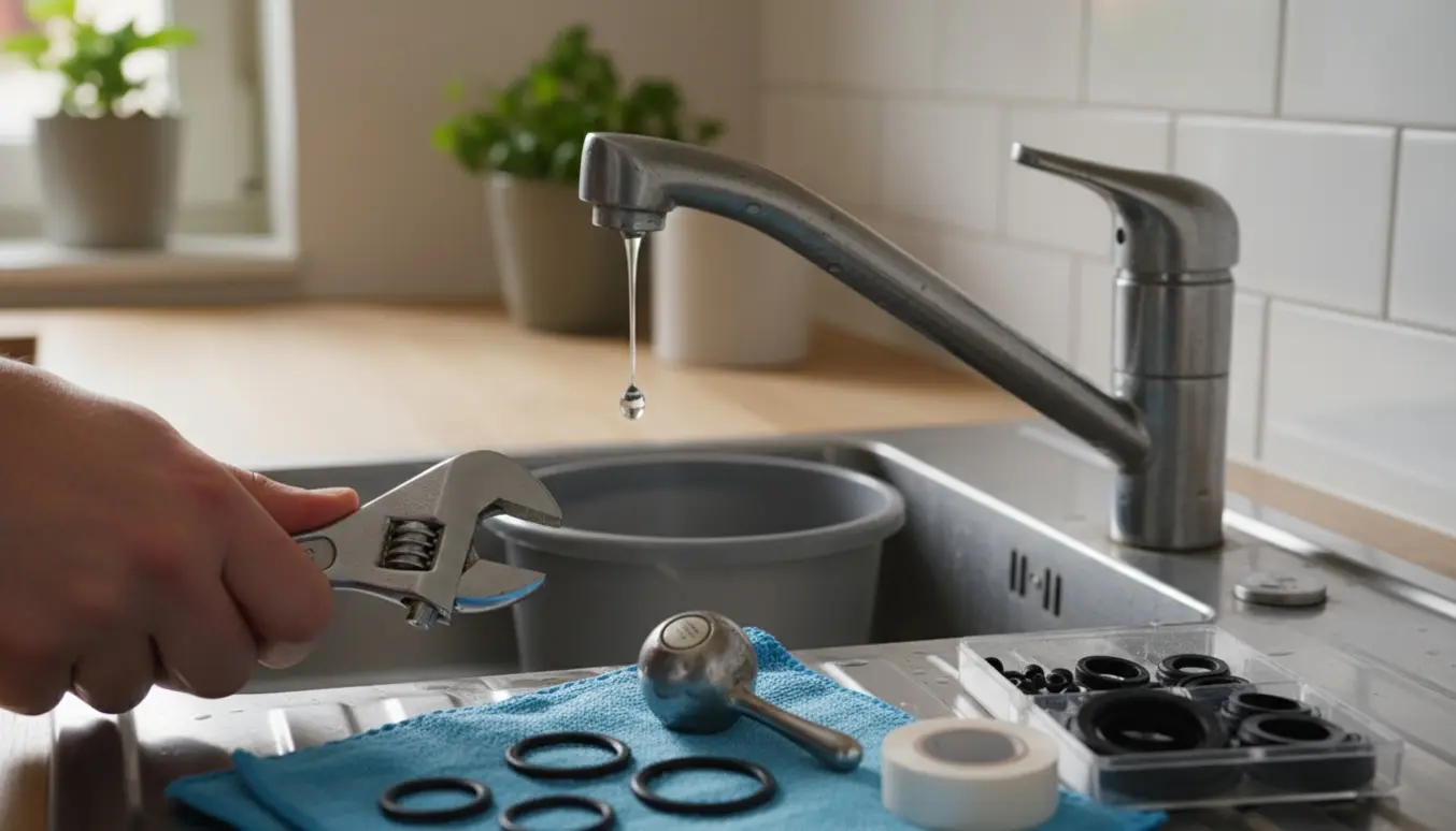 Hænder reparerer en utæt gammel Balufix drejehjulsvandhane over en køkkenvask med værktøj og reservedele.