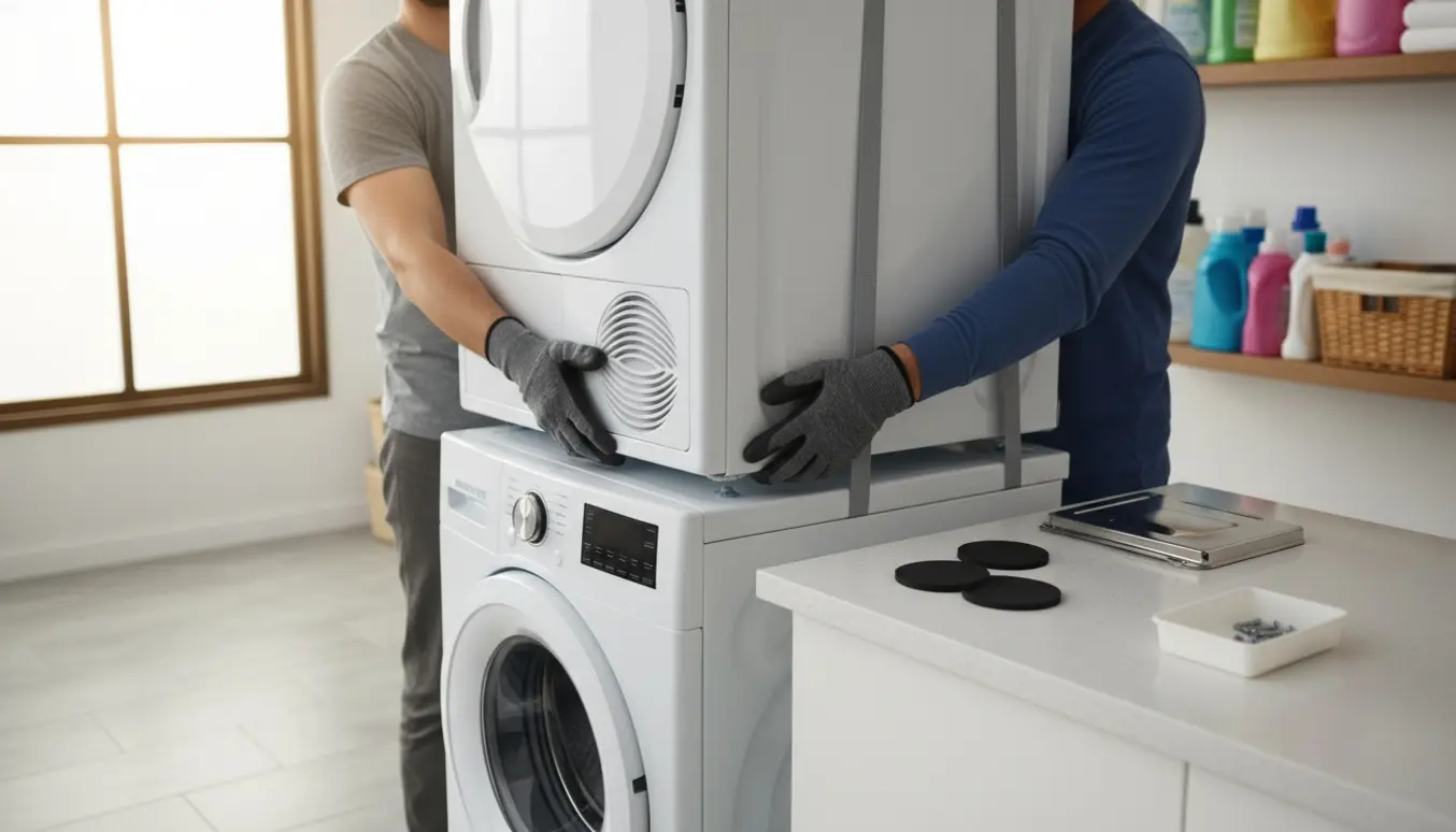 To personer løfter en tørretumbler på plads ovenpå en vaskemaskine i et lyst, ryddeligt bryggers.