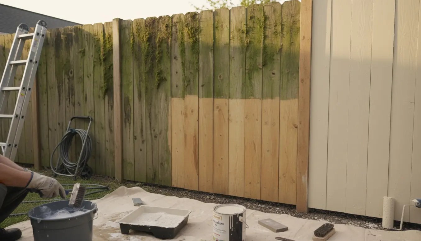 Nærbillede af fire træpaneler i haven dækket af alger, hvor handske‑beklædte hænder skrubber og ruller maling på et nyligt renset område.