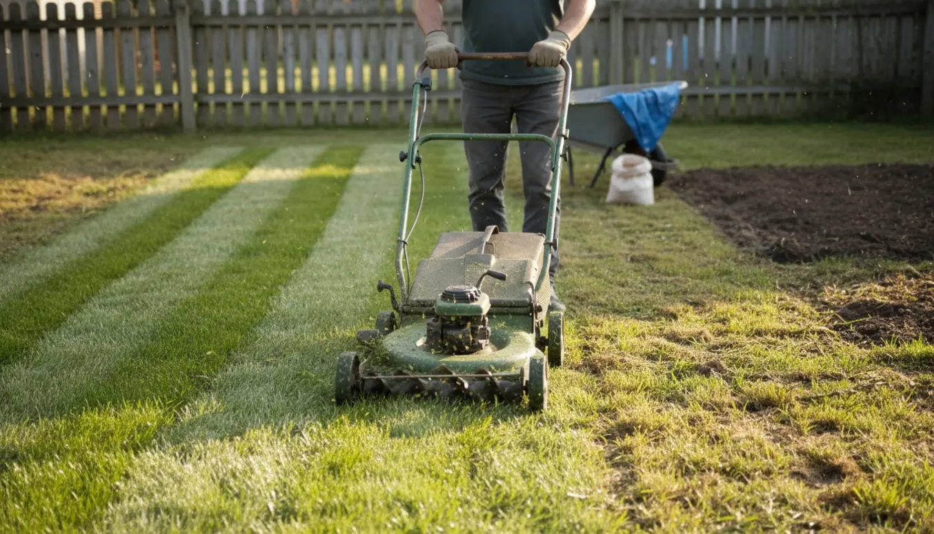 En person slår græs i en slidt baghave med en plæneklipper, hvor nyklippet grønt møder plettet, ubehandlet græs.