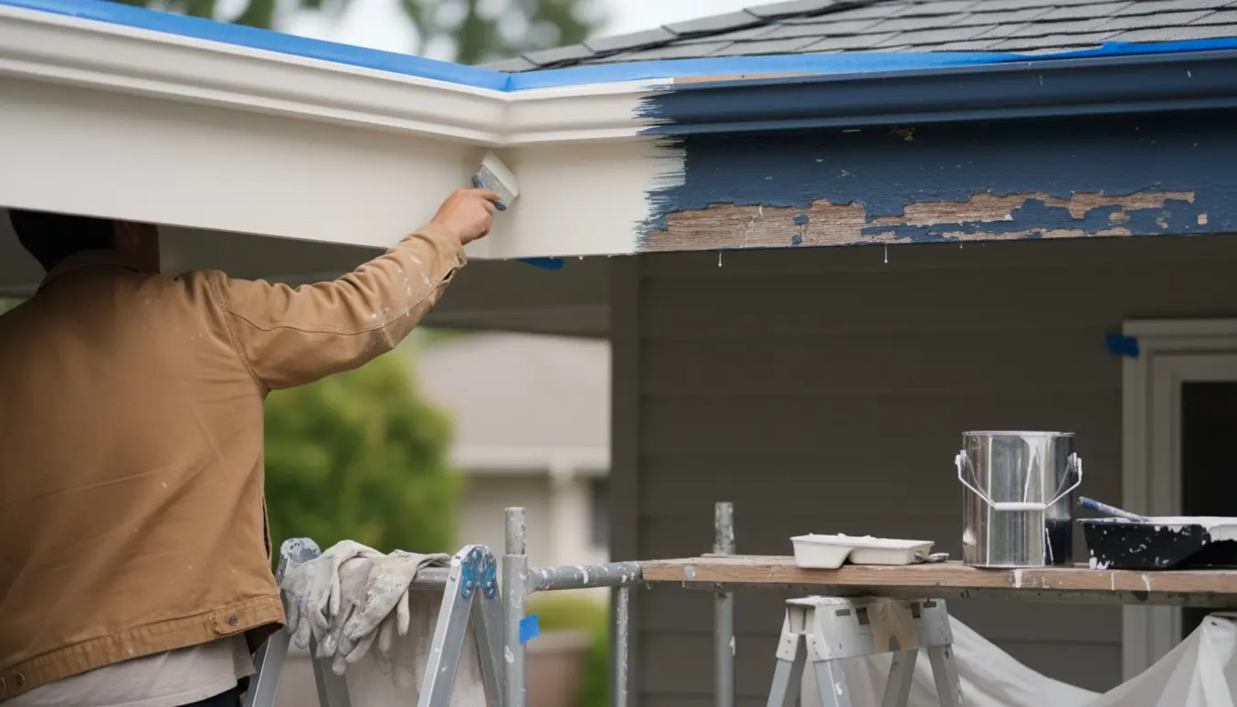En maler set bagfra maler husets udhæng og træværk med pensel, der viser kontrast mellem afskallet og nymalet træ.