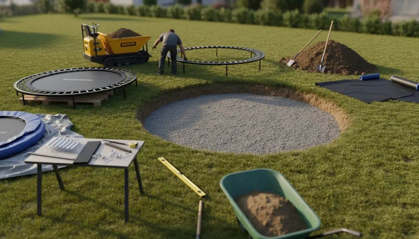 Nedgravningsarbejde til en stor rund trampolin i villahave med jordbunker og minidumper.