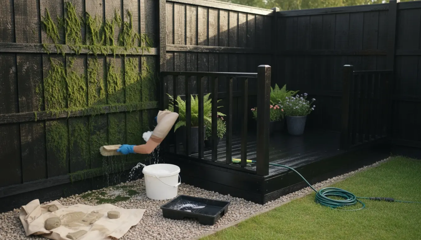 Hænder i handsker skrubber alger af et sortmalet hegn og ruller frisk sort maling på en lille terrasse.