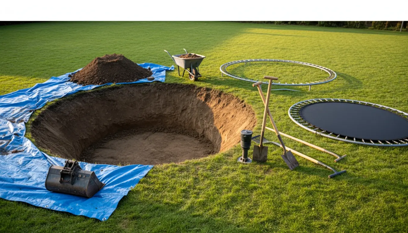 Cirkulært udgravet hul til nedgravet trampolin i baghaven med værktøj og jord samlet ved siden af.
