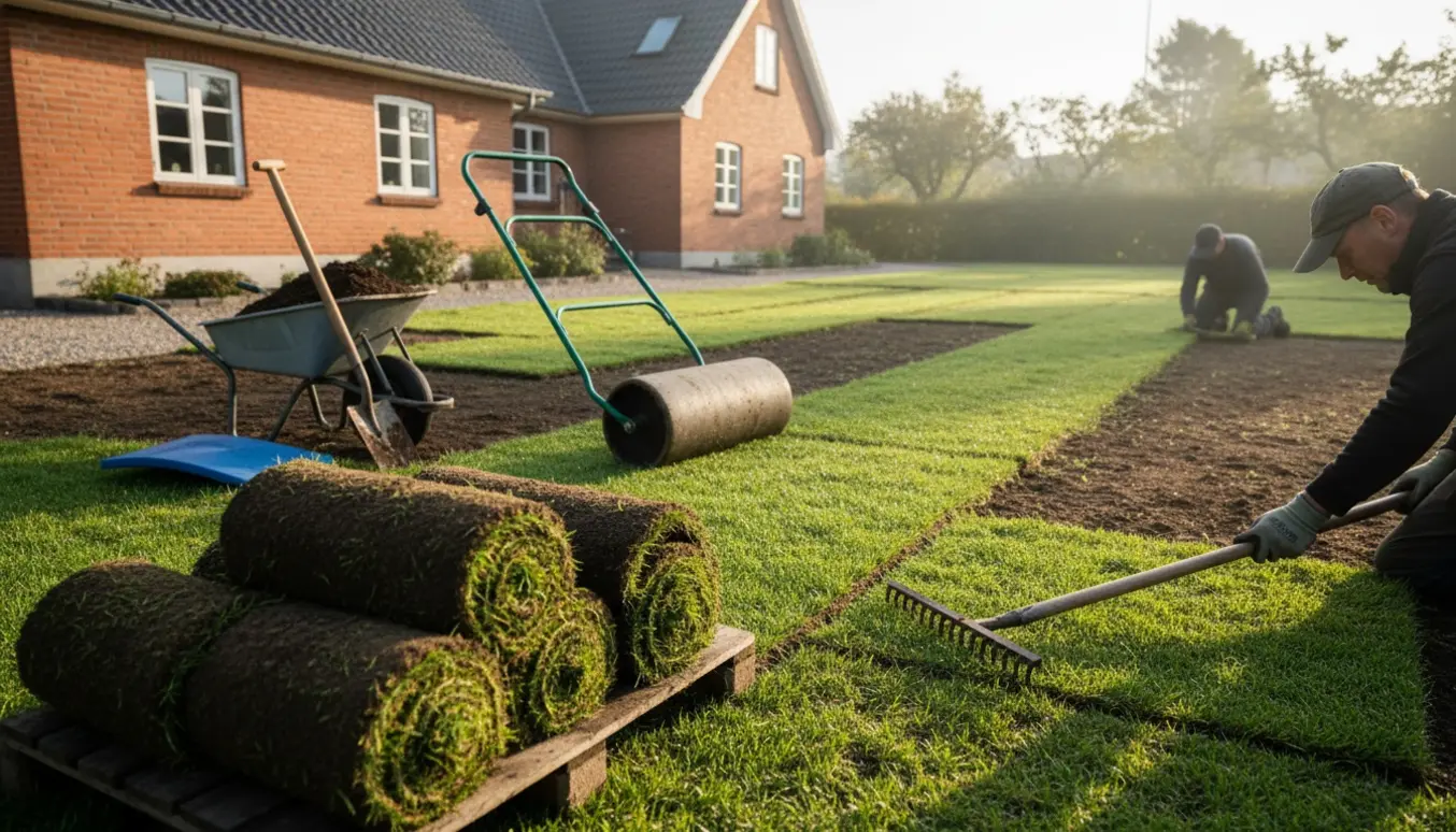 Udlægning af nyt rullegræs i en parcelhushave i Herlev med ruller og værktøj.