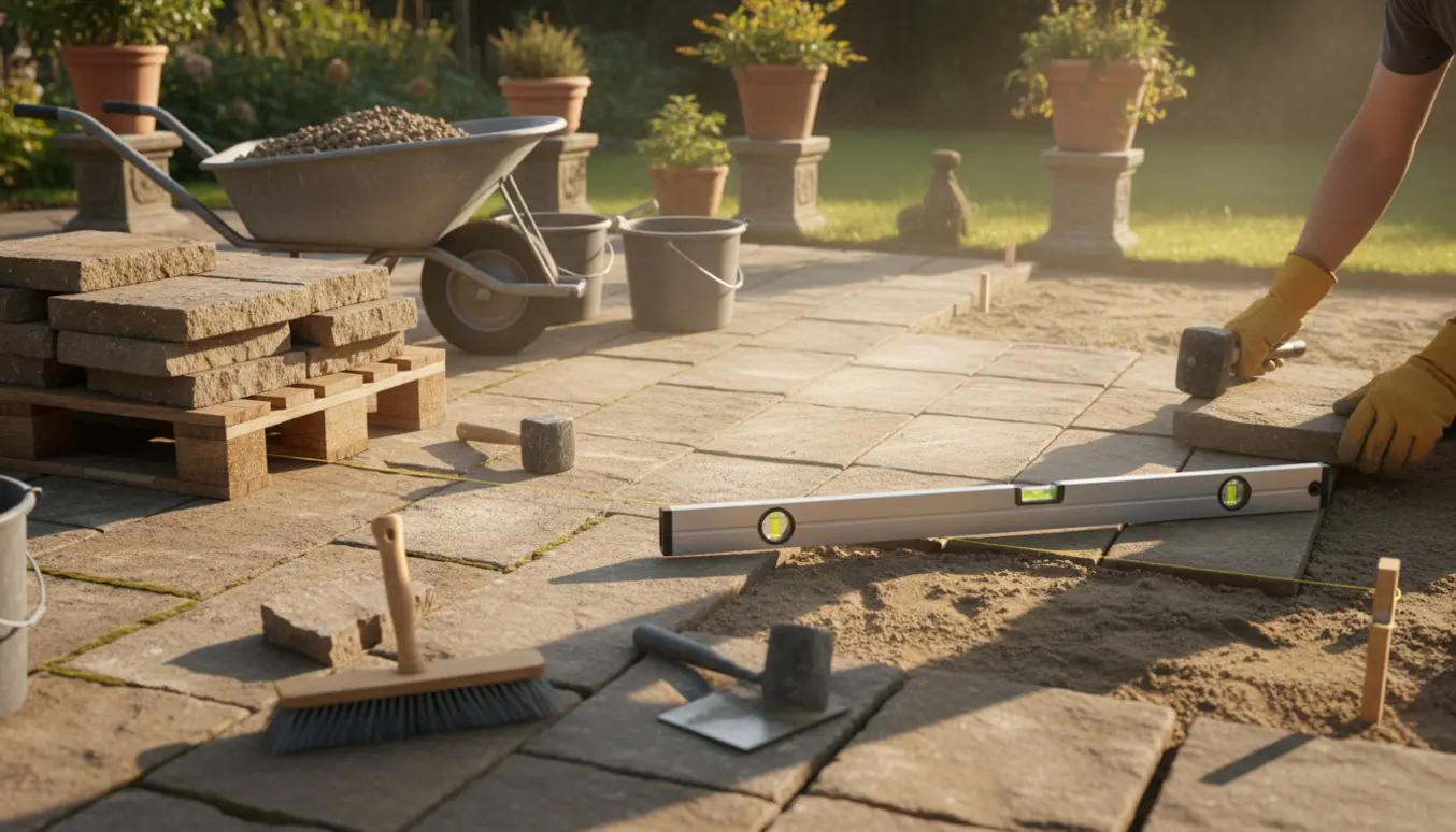 Udvidelse af flisebelagt terrasse med nye sten på palle og værktøj i varmt naturligt lys.