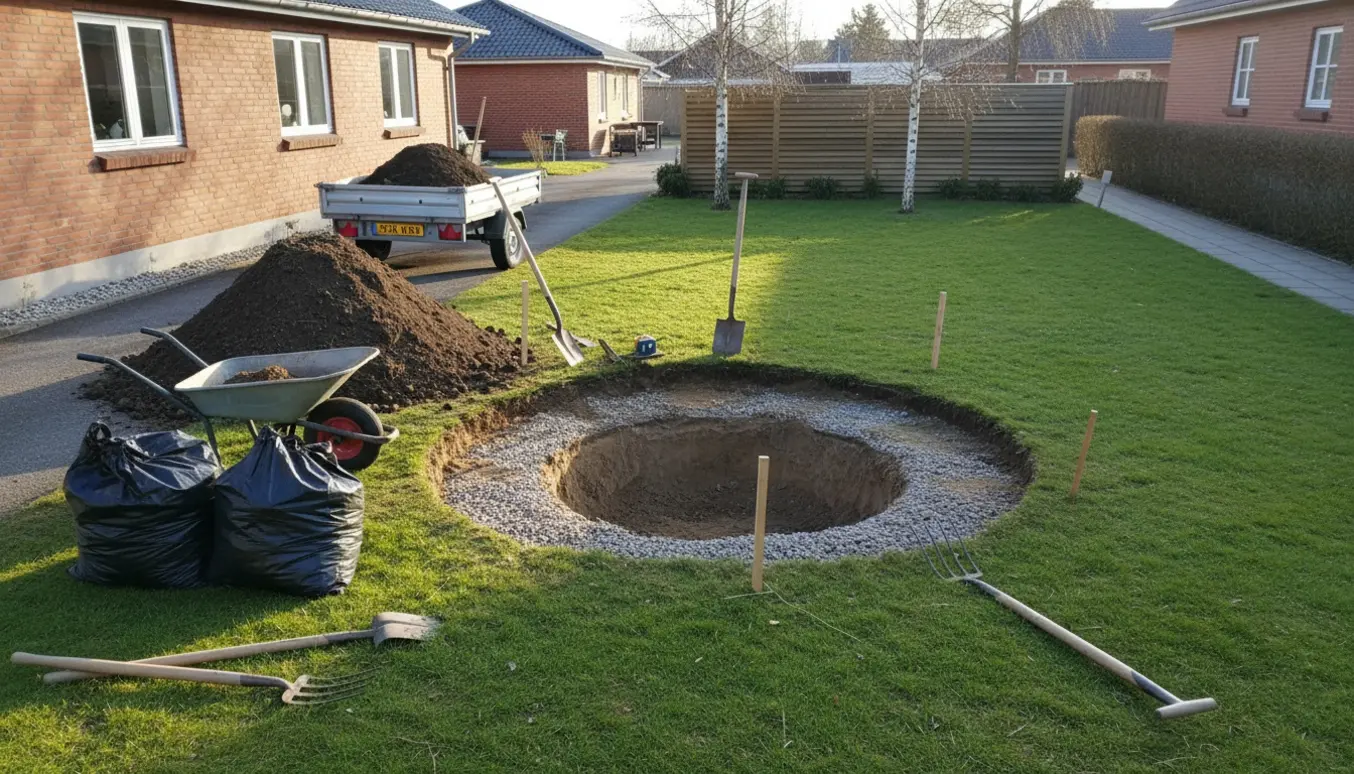 Udgravning i en Rødovre-have til en nedgravet trampolin med skovle, trillebør og jord klar til bortkørsel.