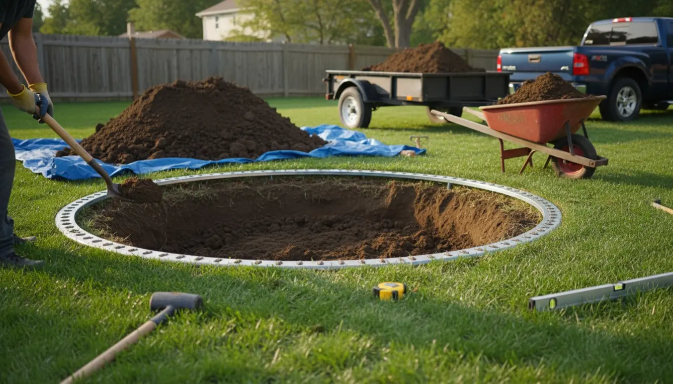Delvist nedgravet trampolin i en baghave med udgravet jord i trillebør og trailer klar til bortskaffelse.