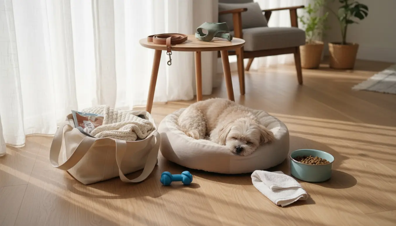 Lille shih tzu i en blød kurv ved siden af madskål og rejsetaske i et solrigt, hyggeligt stuehjørne.