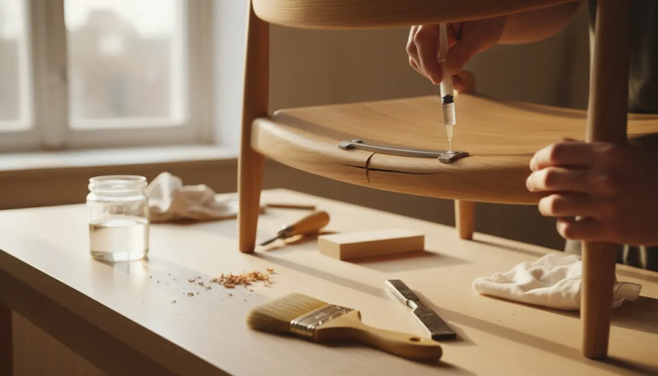 Hænder reparerer en revne i ryglænet på en lakeret Wegner-egetræsstol med præcisionsværktøj på et lyst træværksted.