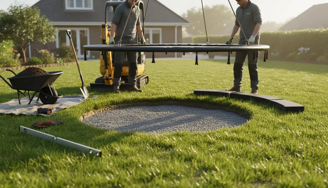 Nedgravet trampolin under installation i en solrig villahave med gravemaskine, skovle og jordbunker.
