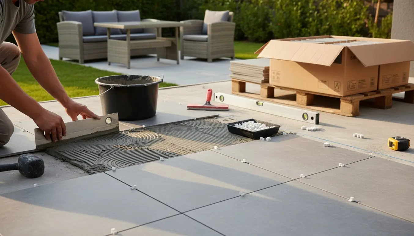 Partial af terrasse hvor 60x60 fliser lægges med værktøj og stak fliser i varmt naturligt lys.