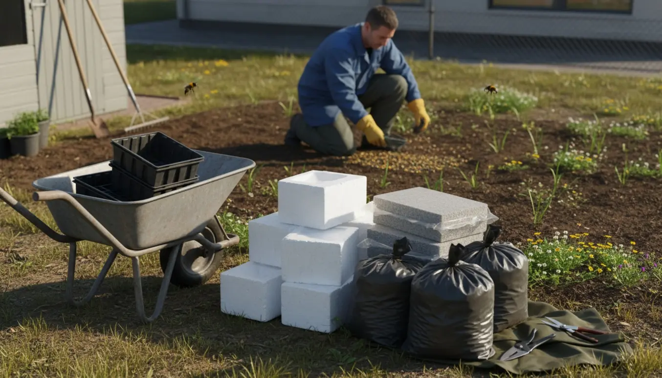 Havearbejde med etablering af en insektvenlig plæne, værktøj og bunker af flamingokasser, Rockwool og affaldssække klar til afhentning.