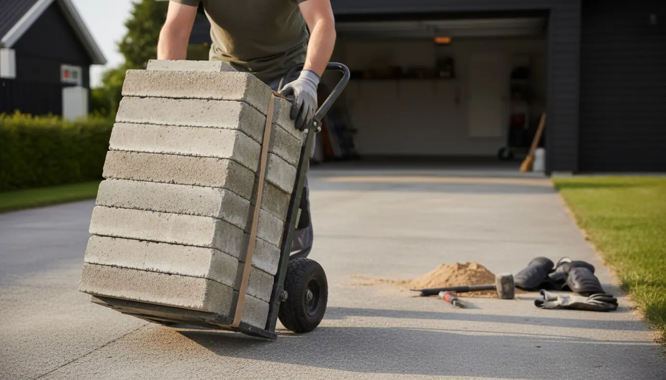 En person flytter en stak fliser med en sækkevogn og placerer dem ved en garage.