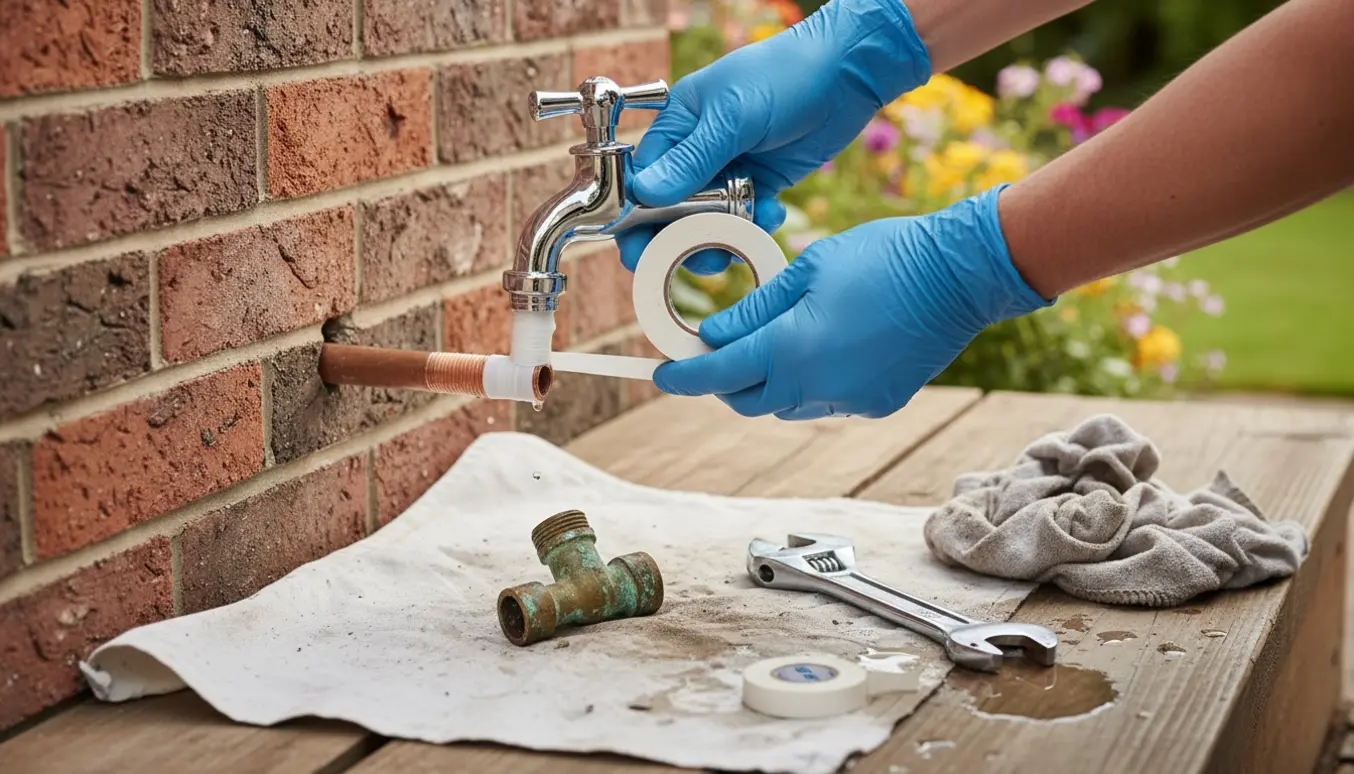 Nærbillede af hænder, der udskifter en udendørs vandhane på en mur med værktøj og nyt kromarmatur.
