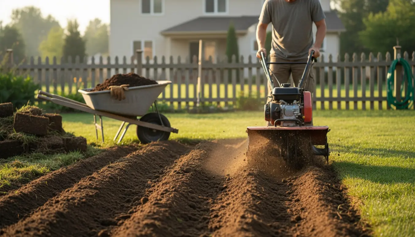 Fræser vender jord i en baghave med opstablet græstørv og trillebør i baggrunden.