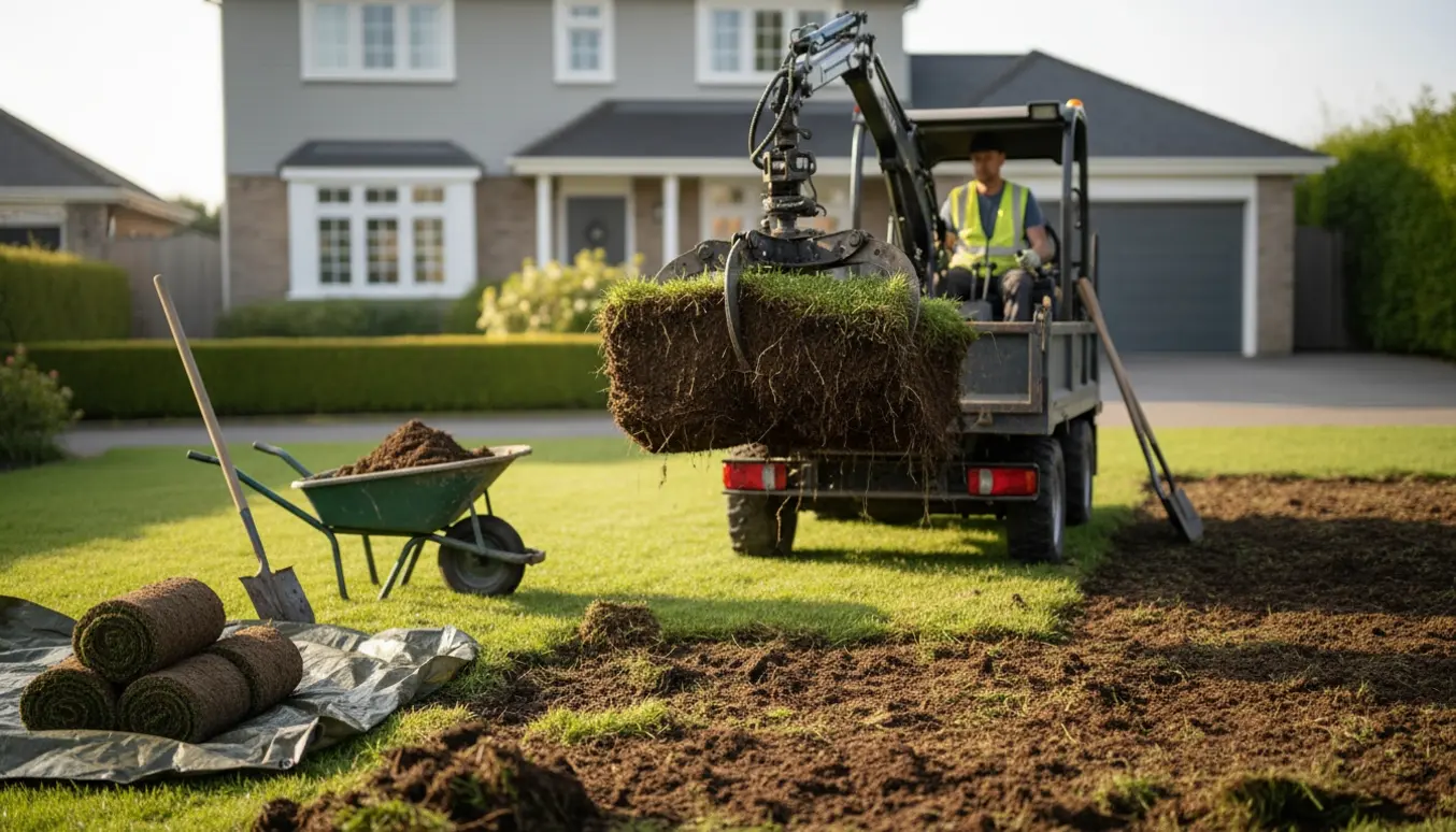 Hydraulisk grab fjerner det øverste lag græs og havemuld fra en lille have.