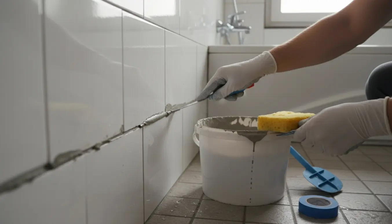 Tæt billede af handsker og værktøj, der udskifter fuger på fliser i et lille badeværelse.