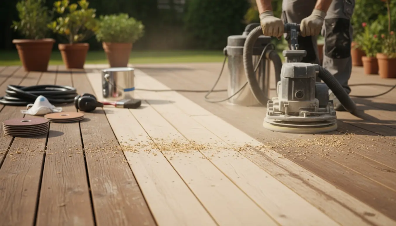En håndværker sliber en træterrasse med en gulvsliber, hvor nyslebet træ står i kontrast til den gamle overflade.