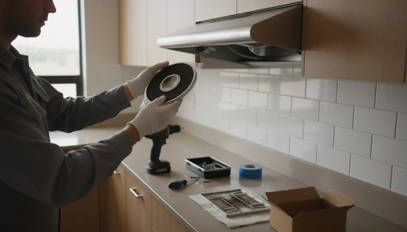 Tekniker installerer en kulfilter-emhætte i et moderne køkken, kun hænder synlige.
