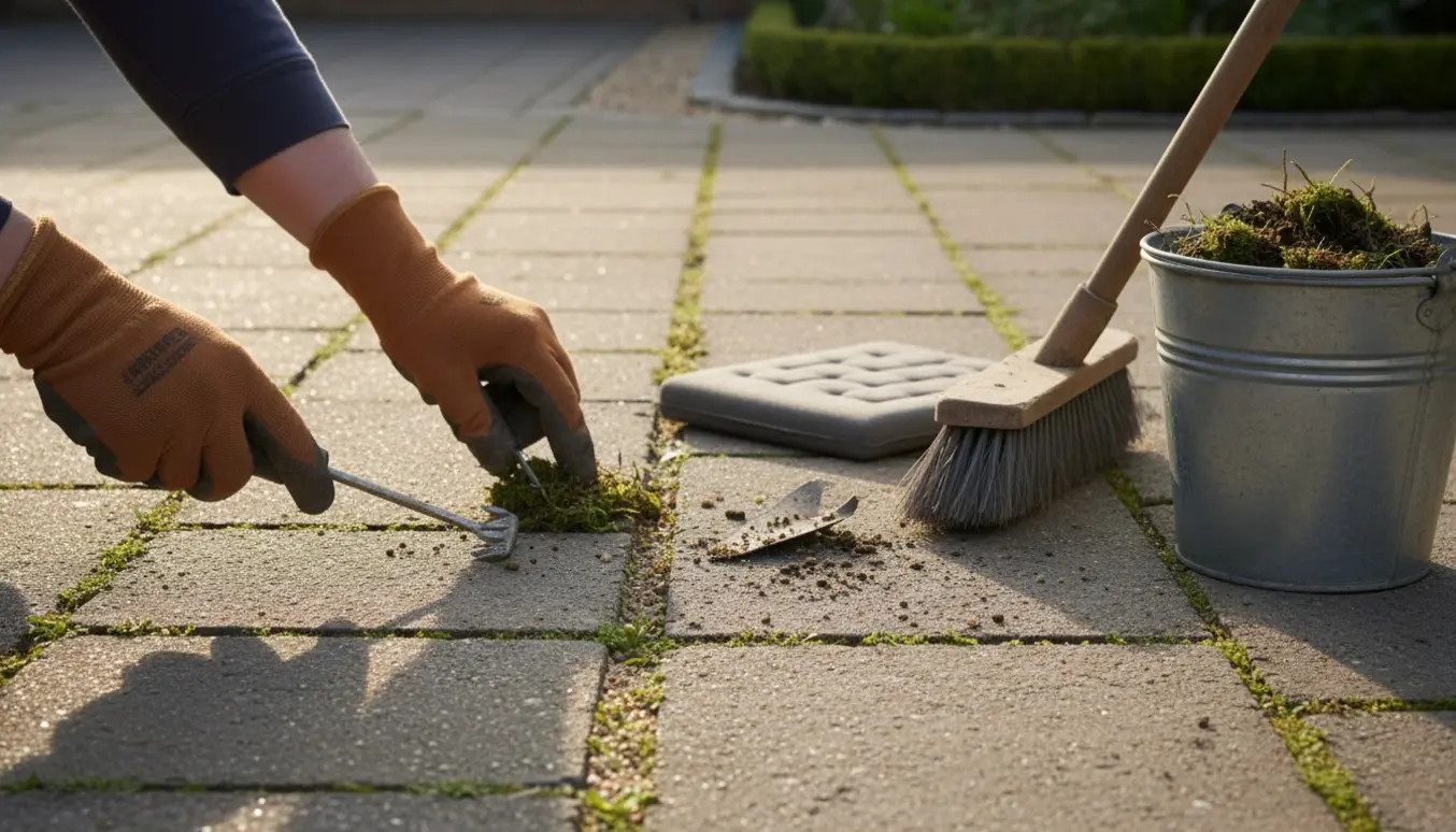 Nærbillede af hænder, der fjerner ukrudt mellem fliser i indkørsel med håndredskaber.