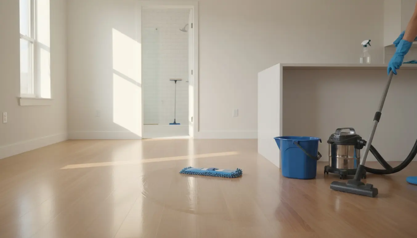 Tom, nymalet lejlighed med rengøringsudstyr og en handske-klædt hånd, der mopper gulvet.