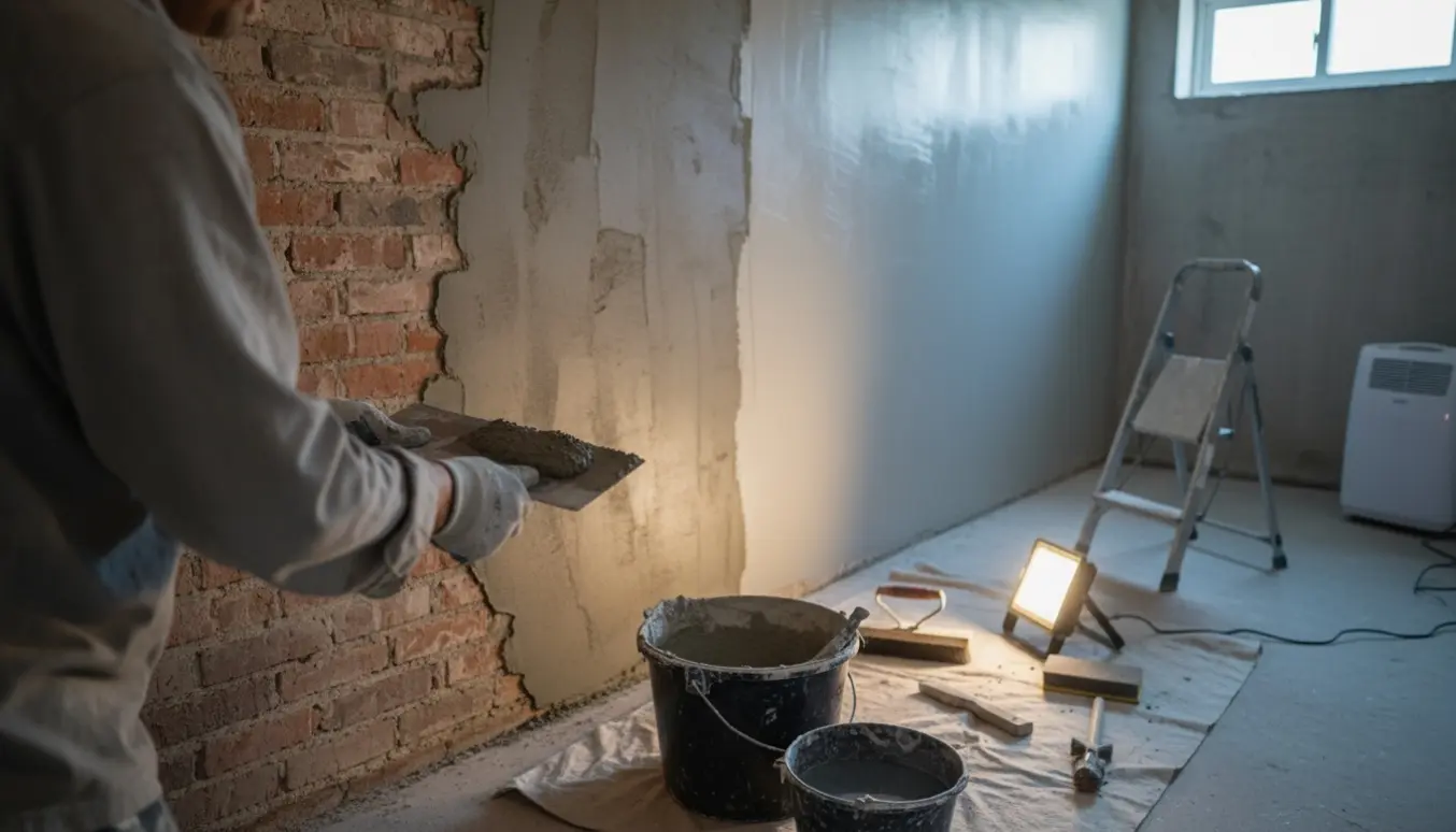 Kælder med murede vægge i tre stadier og en arbejder, der glatter frisk puds med murske.