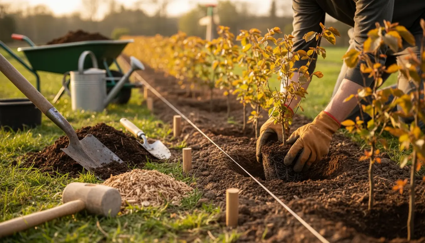 Nærbillede af plantning af en lige bøgehæk med unge planter, spade og trillebør i blødt lys.